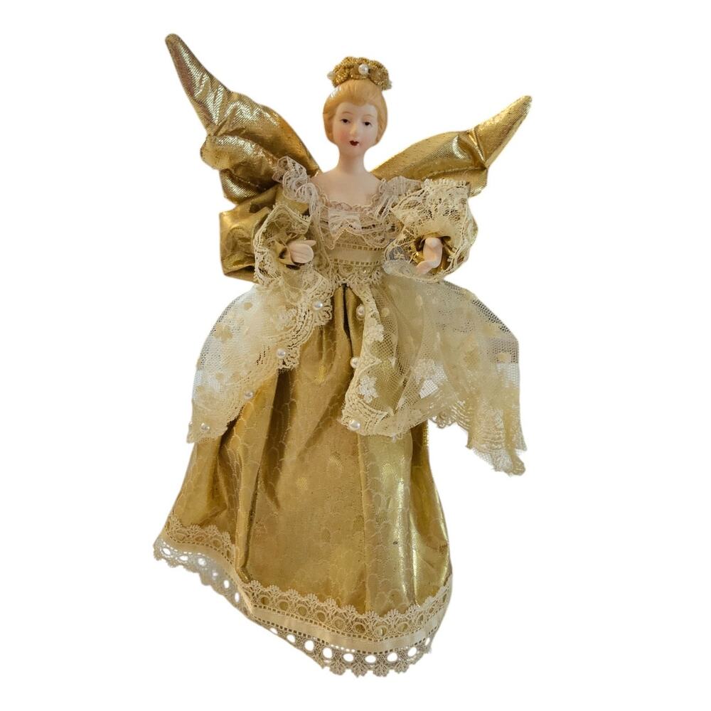 Vintage 1990s Christmas Tree Topper Angel Gold Victorian